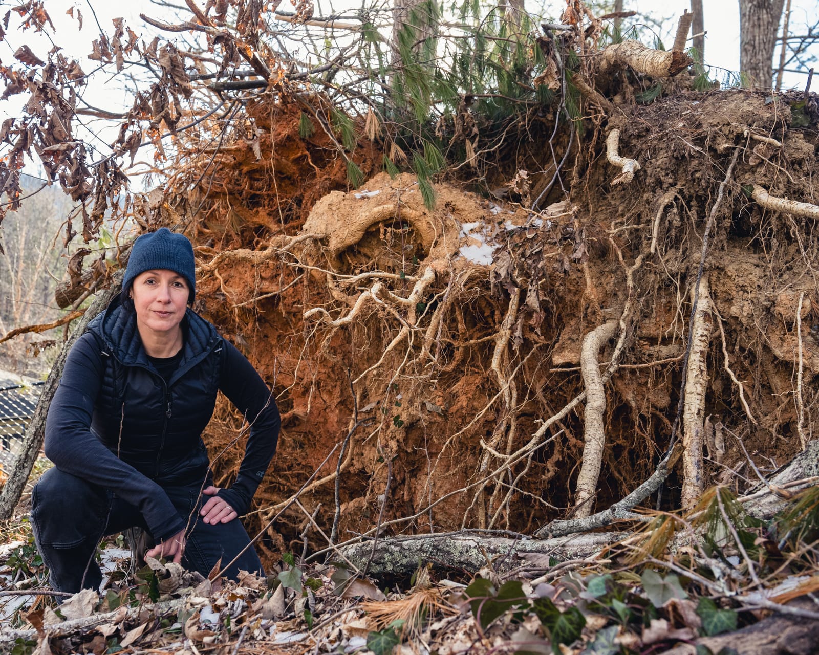Landscape contractor Jenn Nawada takes a moment to review the damage near the roots of a massive tree that had uprooted during the storm. | Fiasco Media<br>